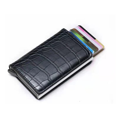 Cartera inteligente Rfid para hombre, soporte antirrobo seguro para mujer, monedero pequeño, tarjetero de identificación bancaria, funda fina de Metal, bolsa negra con Clip para tarjetas de cuero PU