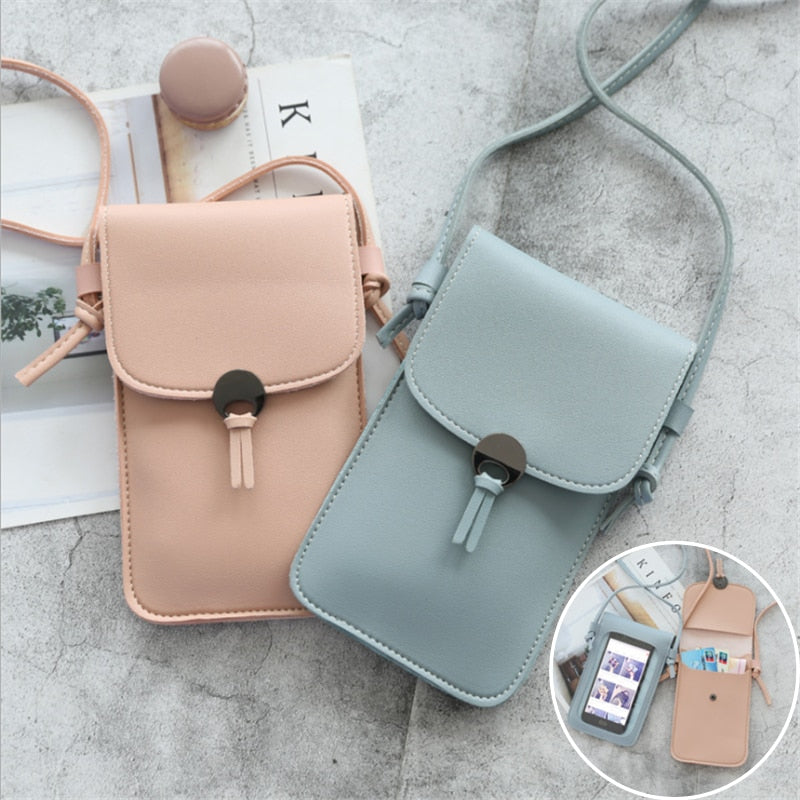 Bolso de teléfono móvil Simple Retro con pantalla táctil transparente, bolso de mensajero con cadena de PU para mujer, bolso pequeño con solapa, Mini bolso de hombro, billetera